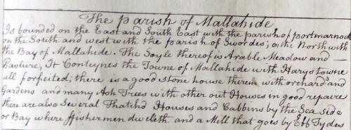 Extract from the Down Survey of describing Malahide and "the mill that goes by ebb tides"