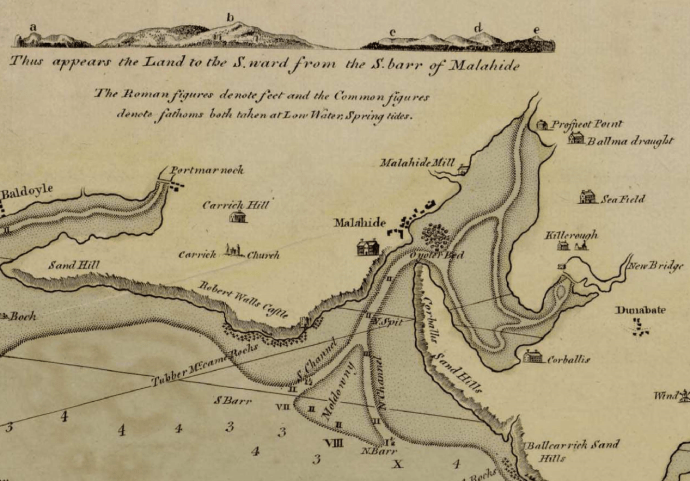 Extract from " A New and Correct Chart, of the Bay of Dublin and Coast of Ireland from Wicklow to Balbriggen" showing the location of a "Malahide Mill"*. The map was created sometime between 1750 and 1800. 